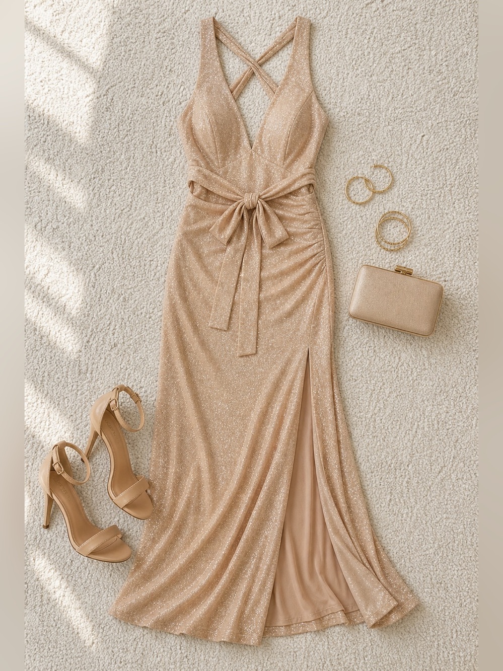 B Darlin Gold Glitter Gown NWT Size 11/12 Back Tie V-Neck Prom Formal Dress